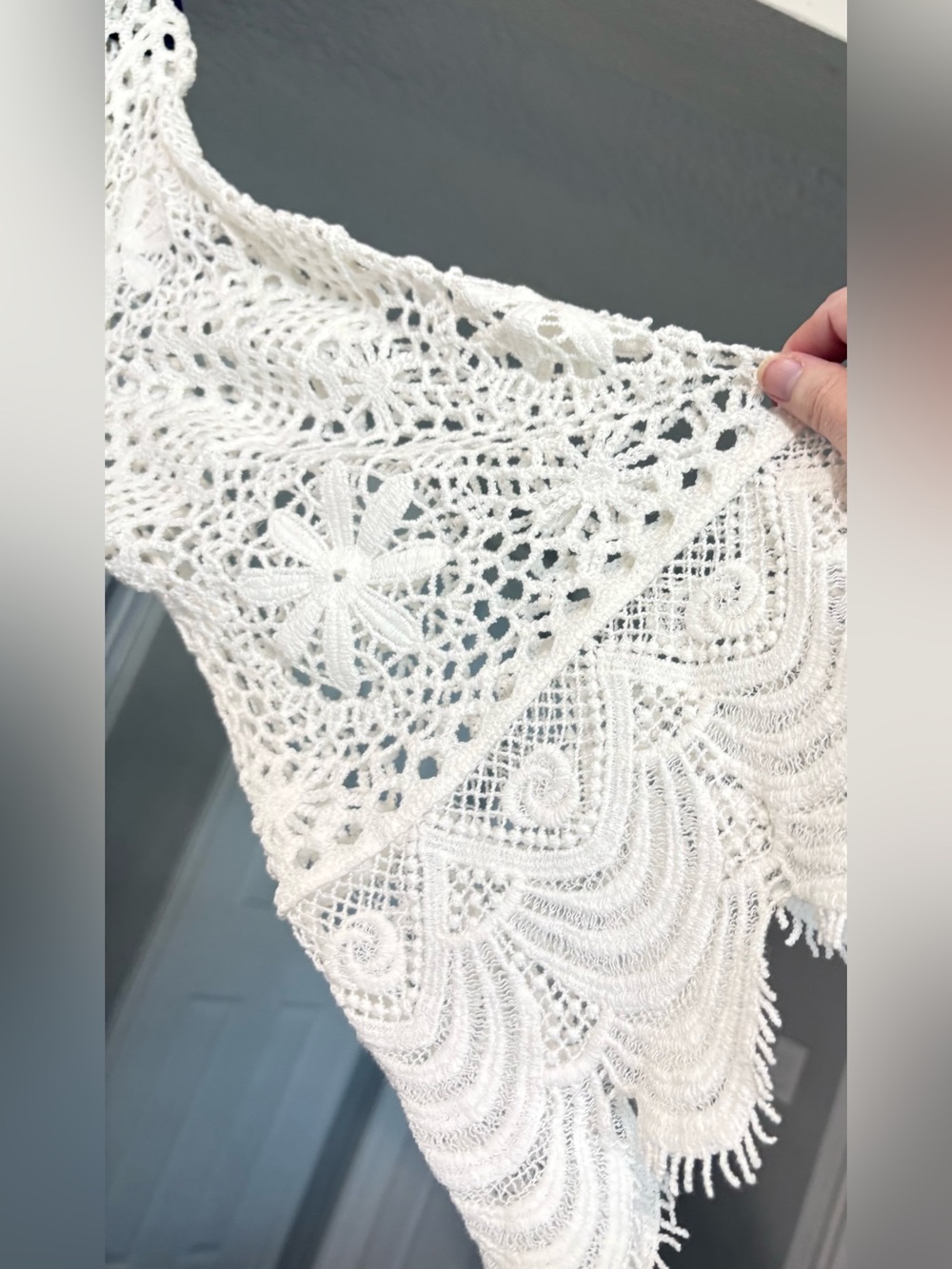 Roaman's Plus Size White Crochet Longline Openwork Cardigan - Picture 7 of 16